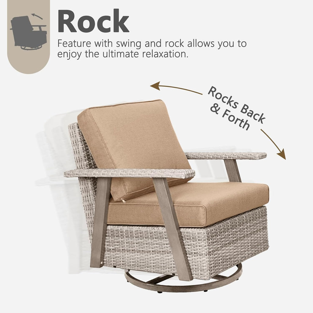 3 Pieces Outdoor Patio Furniture Set with Swivel Rocking, PE Wicker Outdoor Swivel Chairs Set of 2 with Side Table, Oversized Patio Rocking Chairs Set for Porch, Balcony, Deck, Backyard(Camel)