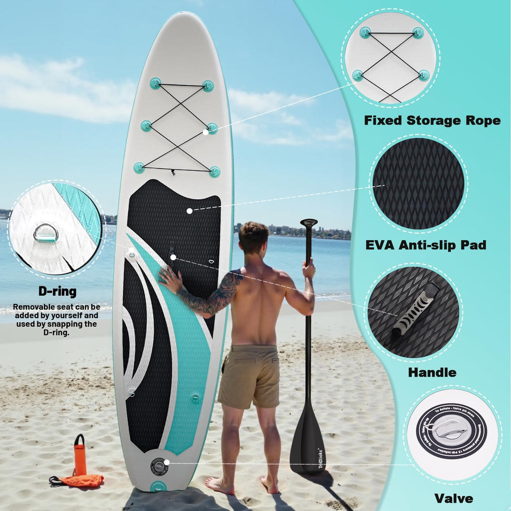 Triclicks Inflatable Stand Up Paddle Board 10ft Surfing Board Kit for Adults, Premium SUP Complete Kit with Adjustable Paddle Hand Pump Fin Leash Backpack