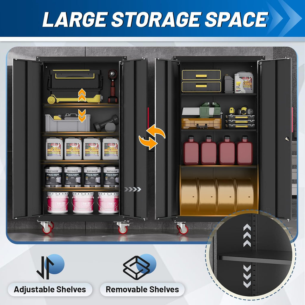 Metal Storage Cabinet with Wheels,71' Garage Cabinets with 4 Adjustable Shelves and Lockable Doors,Black Locking Cabinet Suitable for Garages,Home,Office