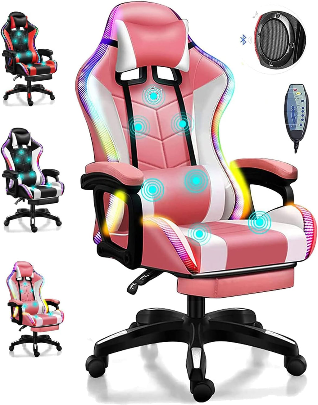 Gaming Chair with Speakers,Led Gaming Chair,Ergonomic Pro Gaming Chair with Full Massage Lumbar Support Bluetooth Speakers Backrest Adjustable/Gaming Chairs for Adults,Pink