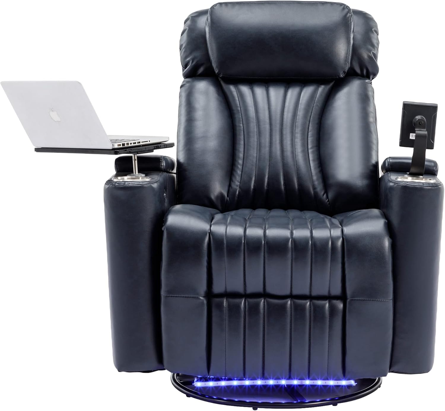 Merax 270 Degrees Power Swivel Recliner,Home Theater Seating with Hidden Arm Storage and LED Light Strip,Cup Holder,360 Degrees Swivel Tray Table,and Cell Phone Holder,Soft Living Room Chair,Blue