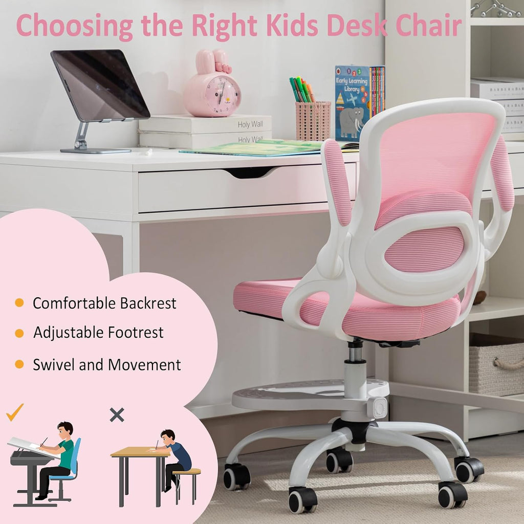Kids Desk Chair,Ergonomic Study Chair with Adjustable Height,Swivel Mesh Desk Chair with Wheels,Home Office Chair for Children in Home Bedroom Pink