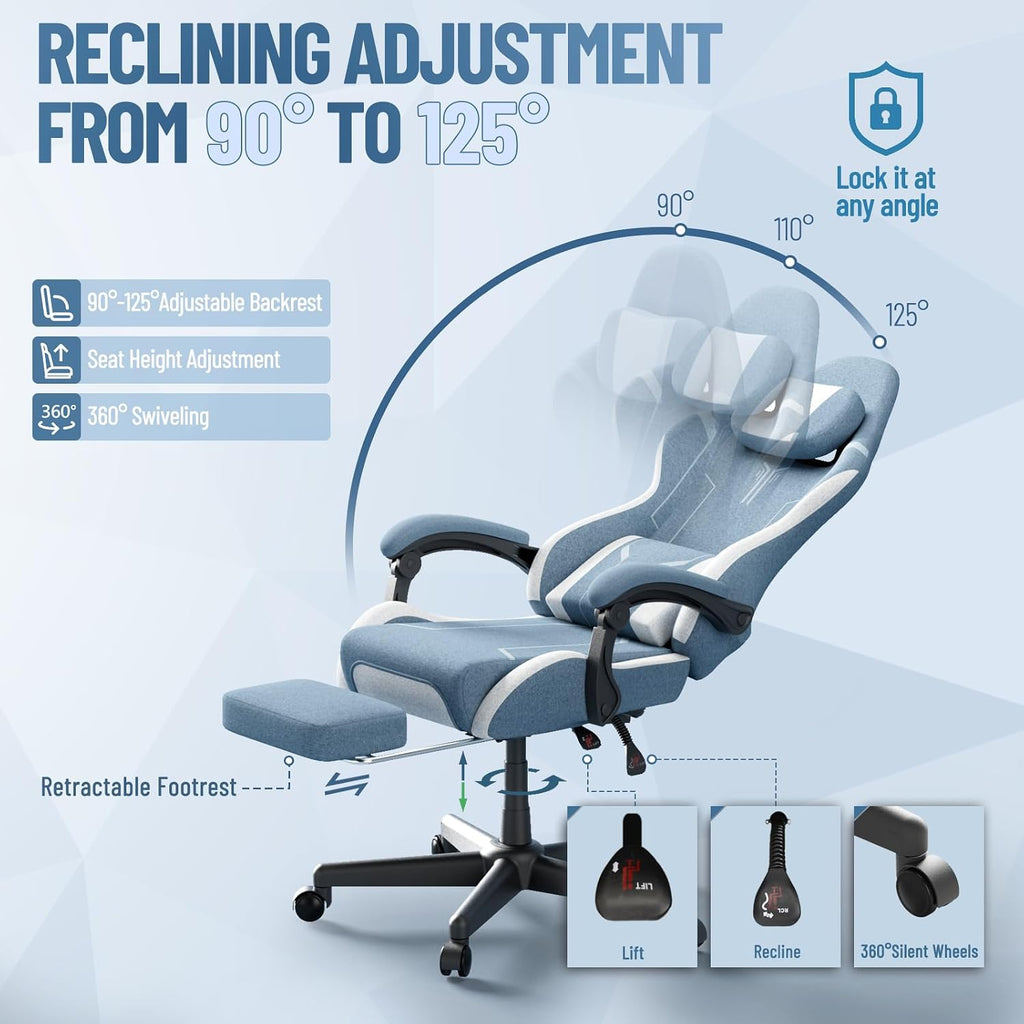 Soontrans Blue Gaming Chair, Fabric Ergonomic Computer Chair with Footrest and Linkage Armrest for Adult, High Back Office Game Chair with Massage Lumbar Support