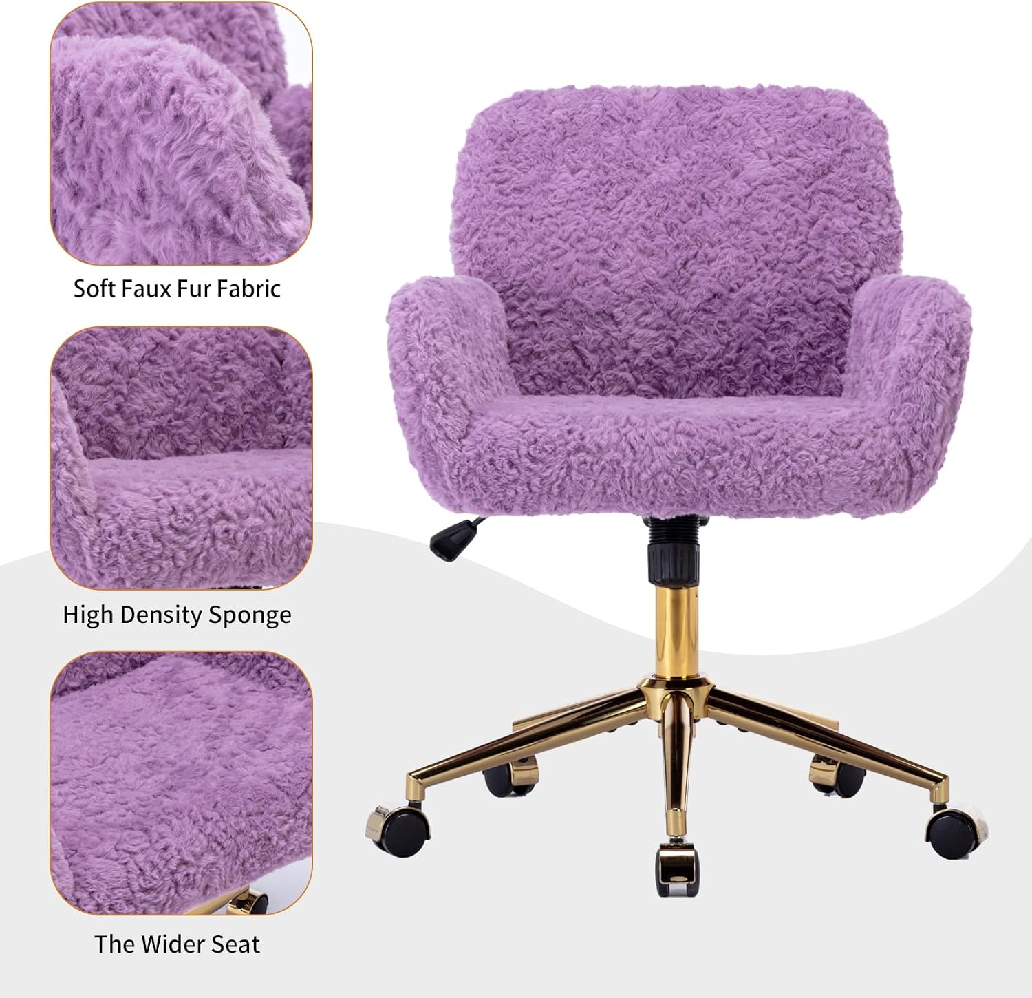Shenyon Faux Fur Makeup Vanity Chair, Comfy Fuzzy Home Office Desk Chair with Wheels & Gold Base, Upholstered Adjustable Swivel Office Chair for Teens Girls Women Home Office, Violet