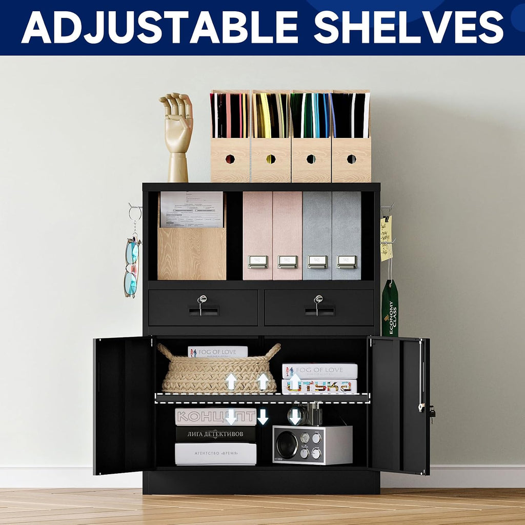 Yizosh Metal Storage Cabinet with 2 Drawers and Locking Doors,- 41.3' Steel Lockable Storage Cabinet with Shelves for Home Office,Garage,School (Black)