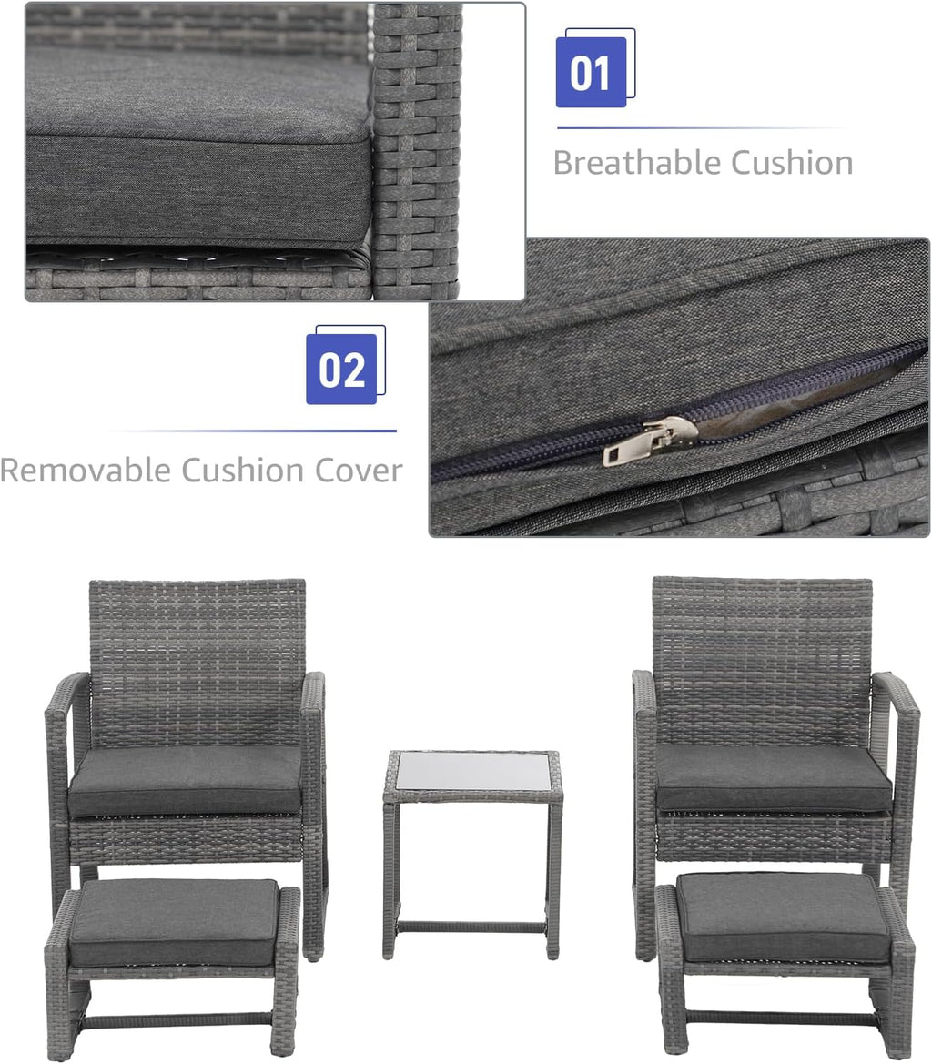Patiorama 5 Piece Outdoor Patio Wicker Furniture Set, All Weather Grey PE Rattan Chair and Ottoman Footstool Set, W/Coffee Table, Cushions (Dark Grey) for Garden, Balcony, Porch, Space Saving Design