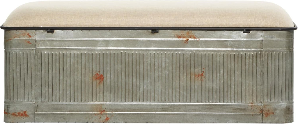 Deco 79 Metal Room Storage Bench Galvanized Entryway Bench with Cream Burlap Top, Bench 50' x 16' x 18', Gray
