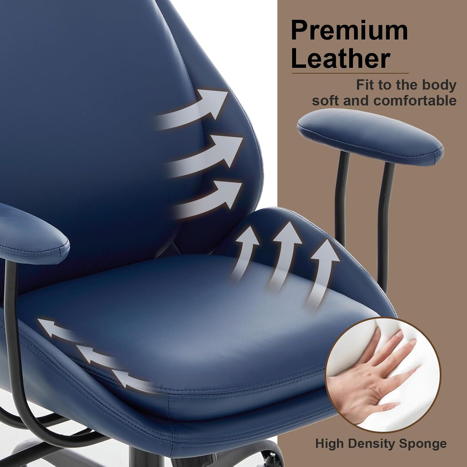 E-Motie Office Chair, Leather Desk Chair with Rubber Wheels, Ergonomic Computer Chair 500 LBS with Lumbar Support, High Back Executive Chair for Modern Home Office, Blue