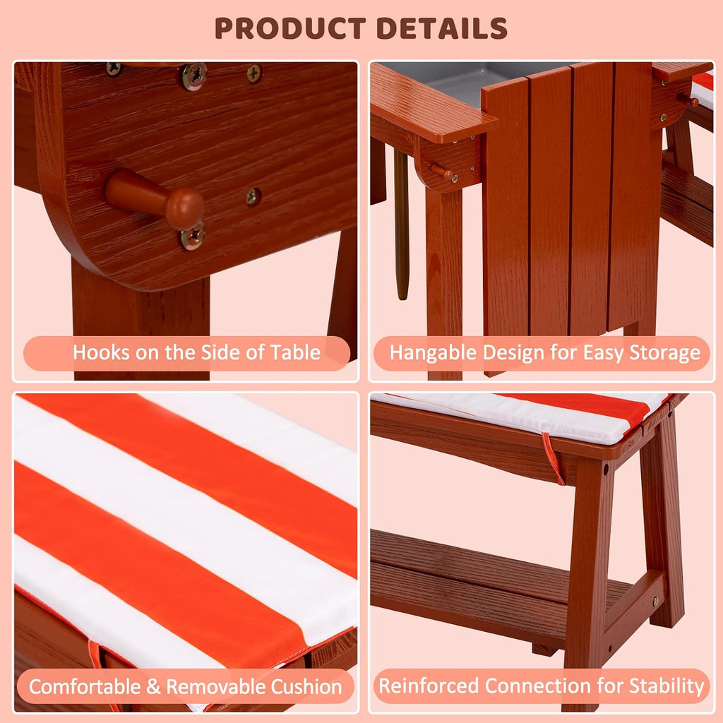 BRINJOY Kids Picnic Table with Umbrella, Outdoor Wooden Table & Bench Set w/Cushions & 2 Removable Boxes, 4-in-1 Children Sand and Water Table Activities Furniture for Patio, Garden, Indoor Outdoor