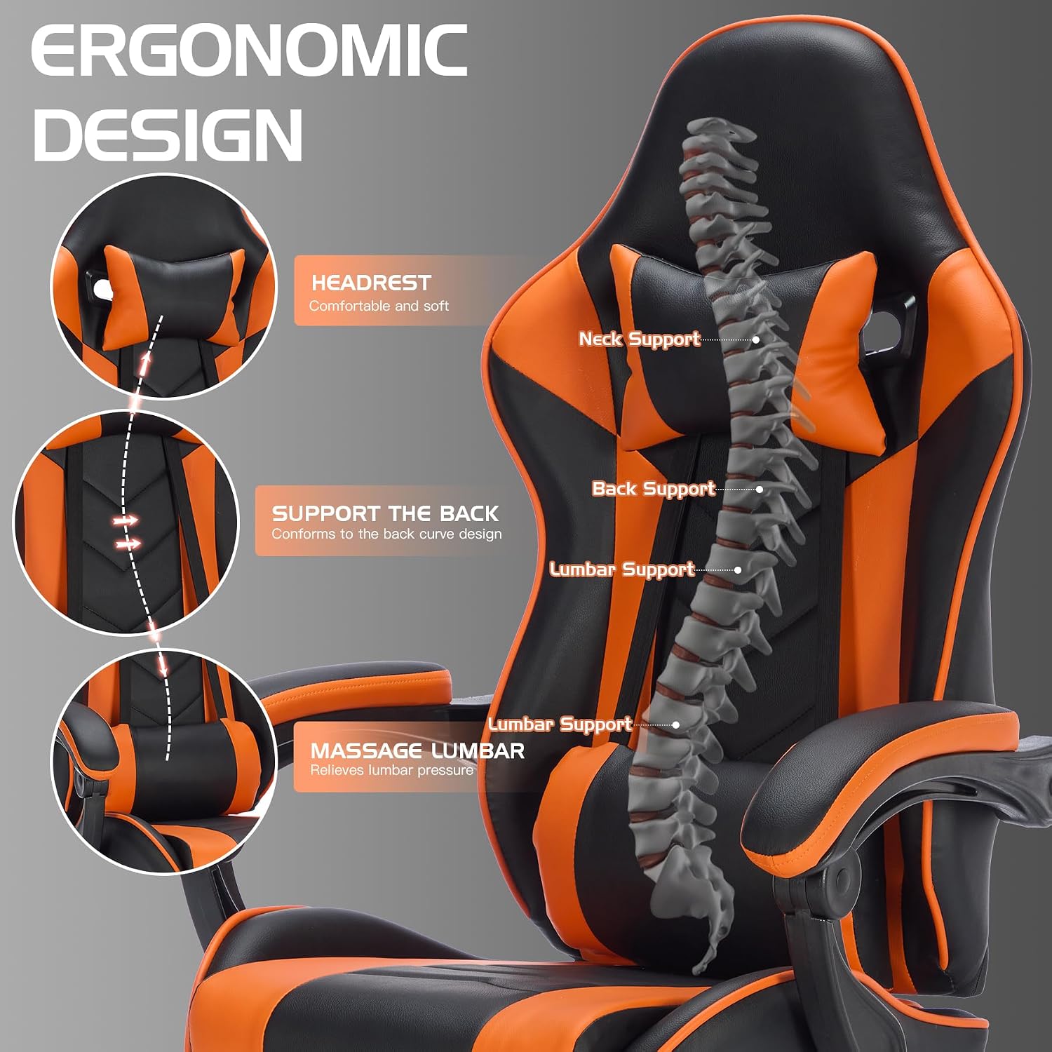Gaming Chair with Footrest, Ergonomic Computer Chair with Headrest and Lumbar Support, Breathable Material Height Adjustable Swivel Video Game Chairs for Adults, 300lbs Max, Black & Orange