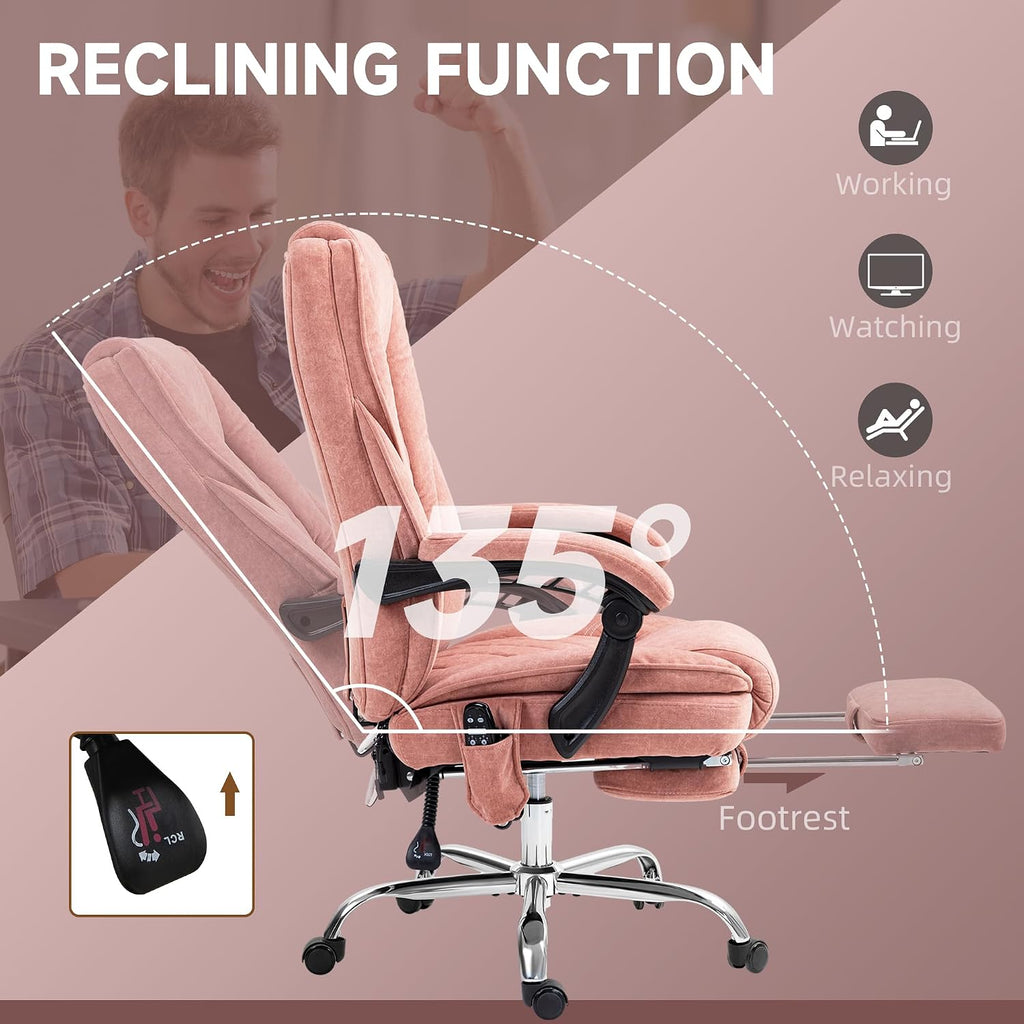 Vinsetto Massage Office Chair with Foot Rest, Executive Computer Desk Chair with 6 Vibration Point and Heat, Reclining Backrest, Swivel Wheels, Adjustable Height, Pink