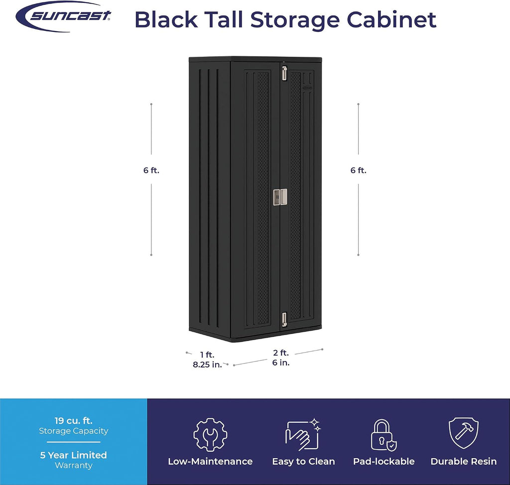 Suncast Tall Storage Cabinet, Black Resin Outdoor & Garage Storage Cabinet with Doors & Shelves, Plastic, Weather-Resistant, Lockable, Freestanding Utility Closet for Tools & Supplies, Made in USA