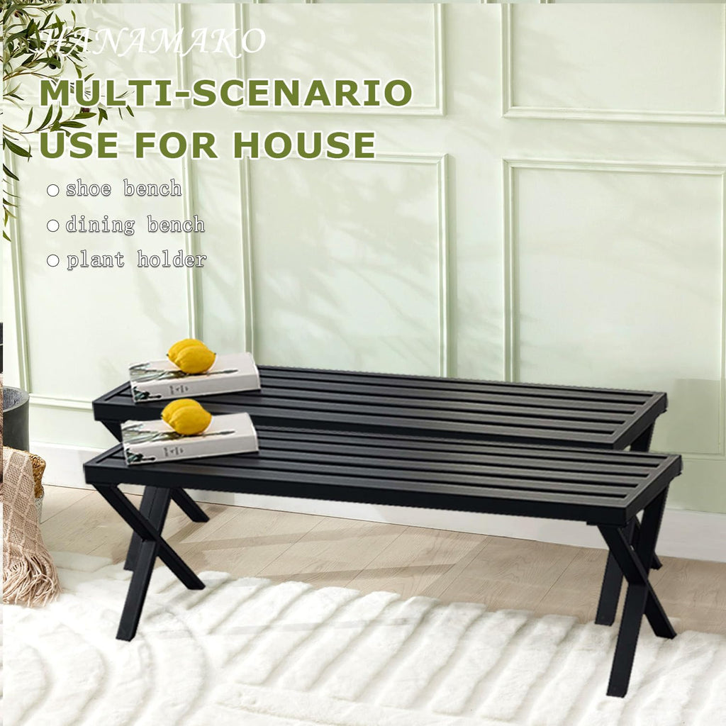 Outdoor Metal Backless Bench Set of 2, Weatherproof Patio Bench with Slatted Seat, X-Shaped Legs, All-Weather Garden Bench for Porch, Patio, Lawn and Backyard, Black