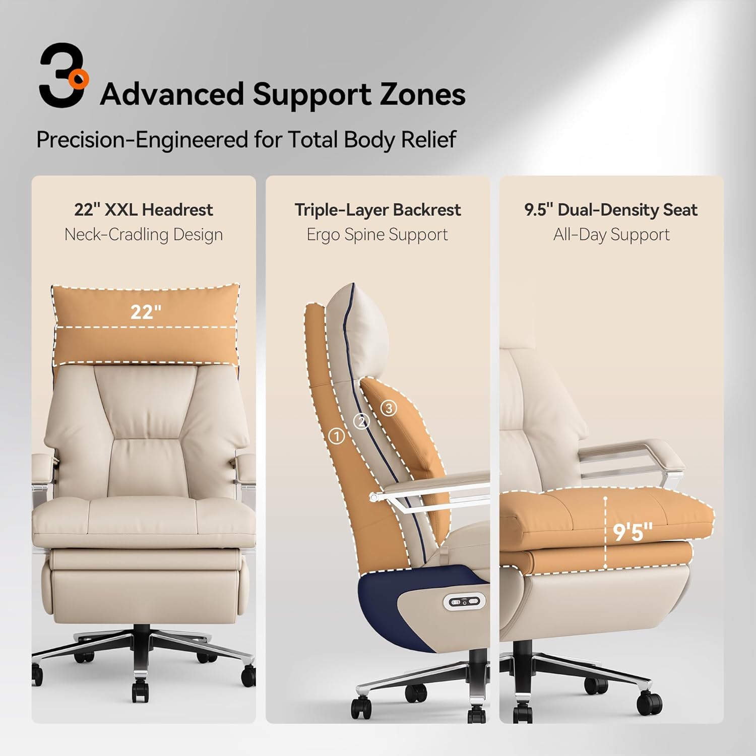 OKUP M80A Dual Motor Electric Executive Office Chair with Footrest, Comfortable Reclining Office Chair Wide Seat, Big and Tall Ergonomic Leather Home Office Desk Chair (Beige,No Massage)