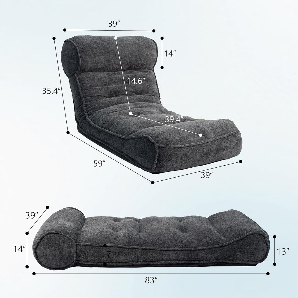 Dineli 83'' Floor Chair with Back Support Meditation Chair Couch Recliner w Adjustable Backrest Lazy Floor Lounger Gaming Chair for Adults Sofa Bed Sleeper Chair Chaise Lounge Chair Indoor, Black