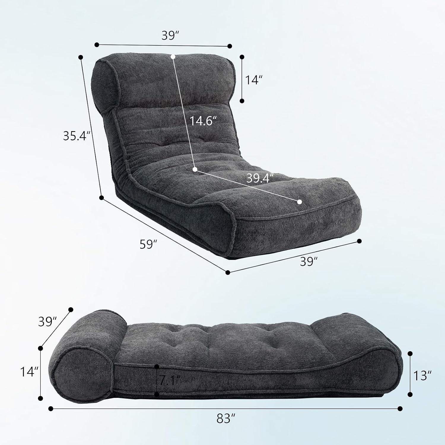 Dineli 83'' Floor Chair with Back Support Meditation Chair Couch Recliner w Adjustable Backrest Lazy Floor Lounger Gaming Chair for Adults Sofa Bed Sleeper Chair Chaise Lounge Chair Indoor, Black