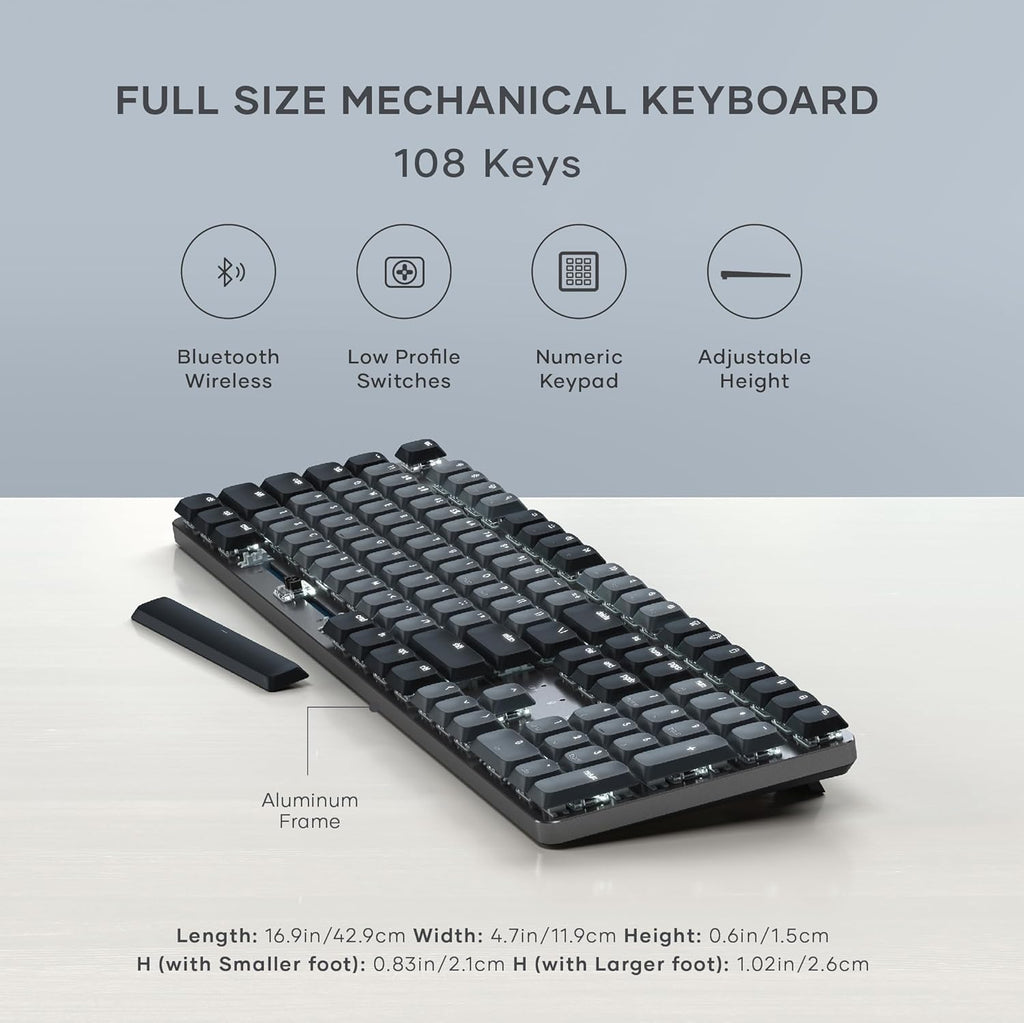 Satechi SM3 Mechanical Keyboard for Mac and Windows, 108 Keys Full Size with White LED Backlit, Wired and Bluetooth for Mac and Windows - Dark Gray/Gray