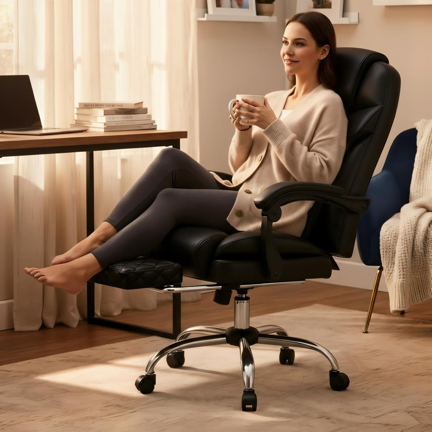 Big and Tall Office Chair 400lbs - Executive Ergonomic Desk Chair with Footrest, High Back Reclining Leather Chair with Lumbar Support for Home Office, Black