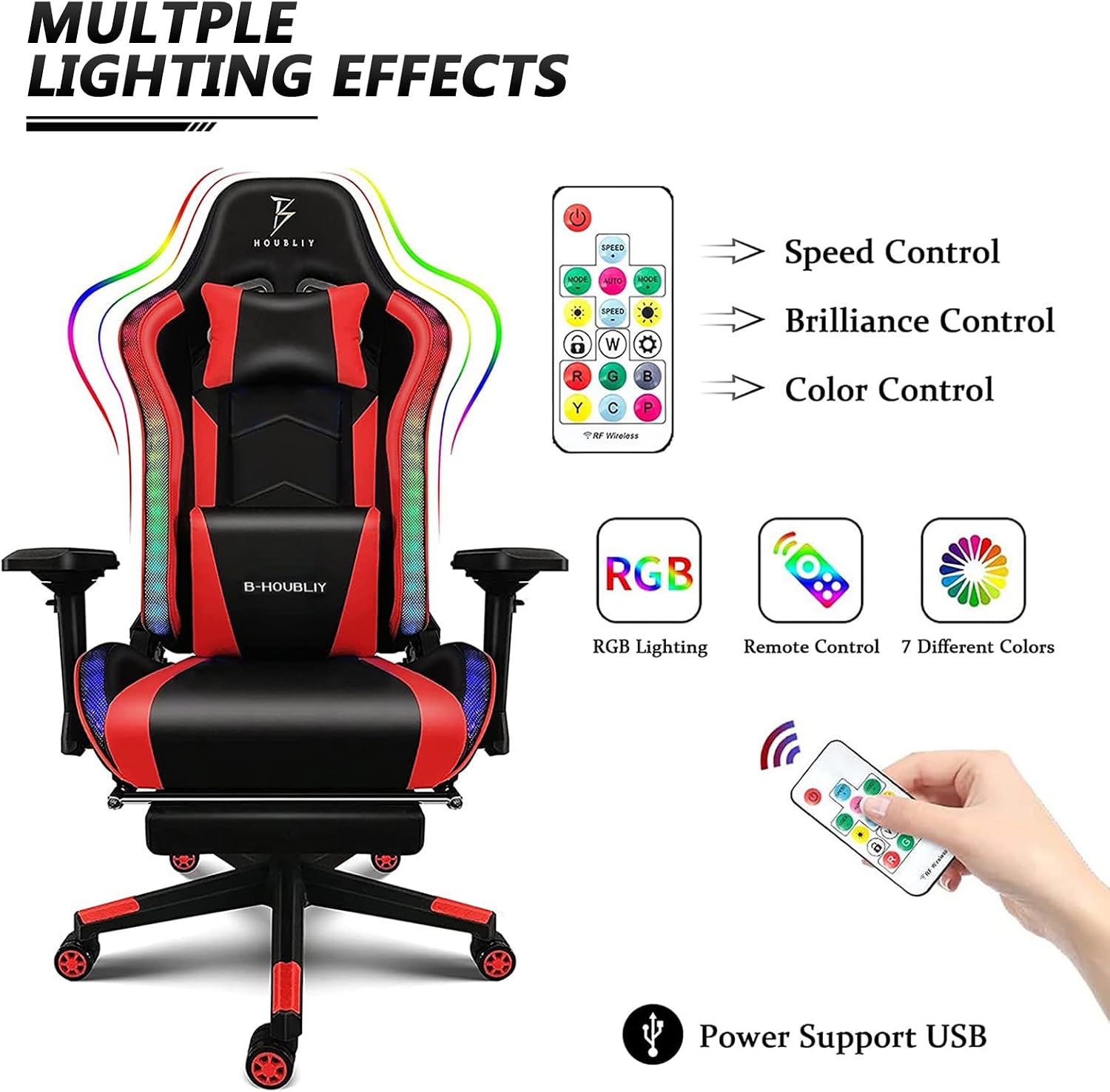 RGB Gaming Chair with Massage and Footrest Large Ergonomic Computer Desk Chair Video Gaming Chair with Speakers and Lumbar Support Height & Angles Adjustable Reclining Gamer Chair (Black Max)