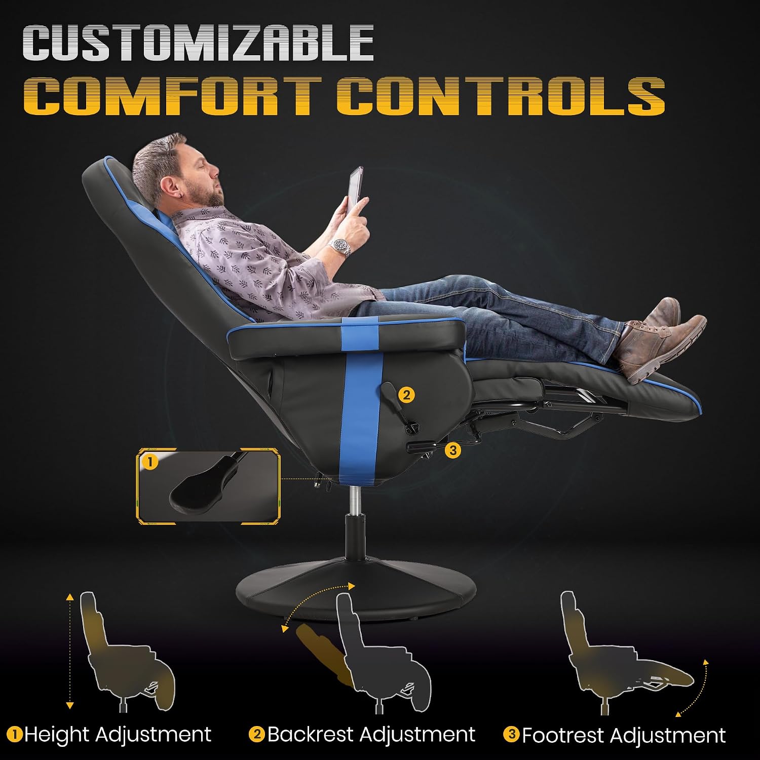 Massage Gaming Recliner Chair with Cup Holder & Side Pockets – Ergonomic PU Leather Video Gaming Chair with Footrest, Manual Recline, Headrest & Lumbar Support for Office or Game Room (Blue)