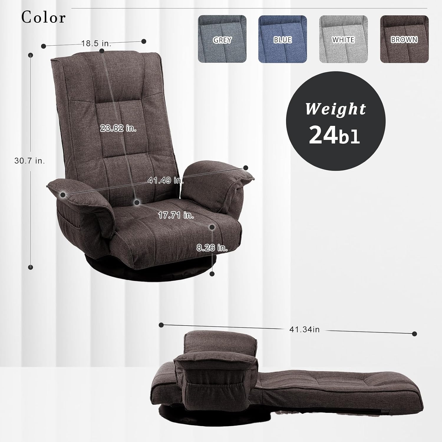 360 Degree Swivel Floor Chairs for Adults, Gaming Floor Chair with Back Support, 14 Angles Adjustable Comfortable Floor Lounge Chair Folding Video Game Chairs Office Bedroom 201 (Brown)