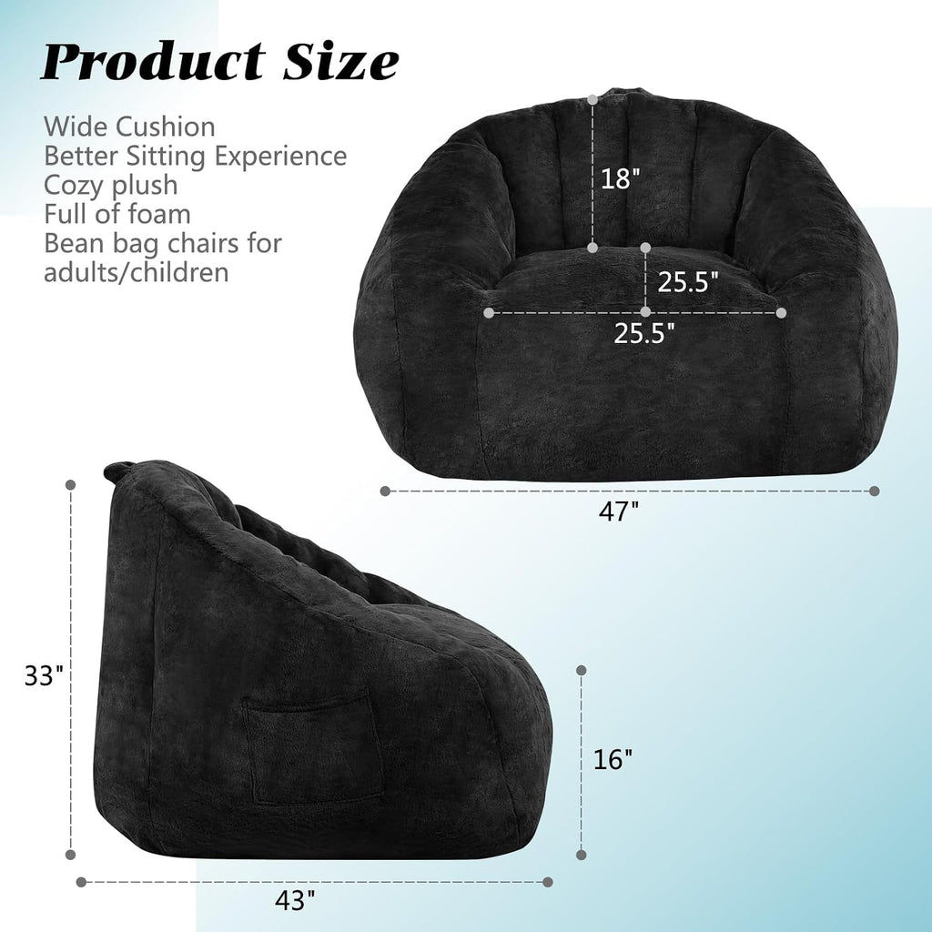 Giant Bean Bag Chair for Adults and Kids, Oversized BeanBag Couch Filler with Memory Foam, Faux Fur Shell-Shaped Boneless Chair for Reading, Stuffed Big Accent Sofa Living Room, Black