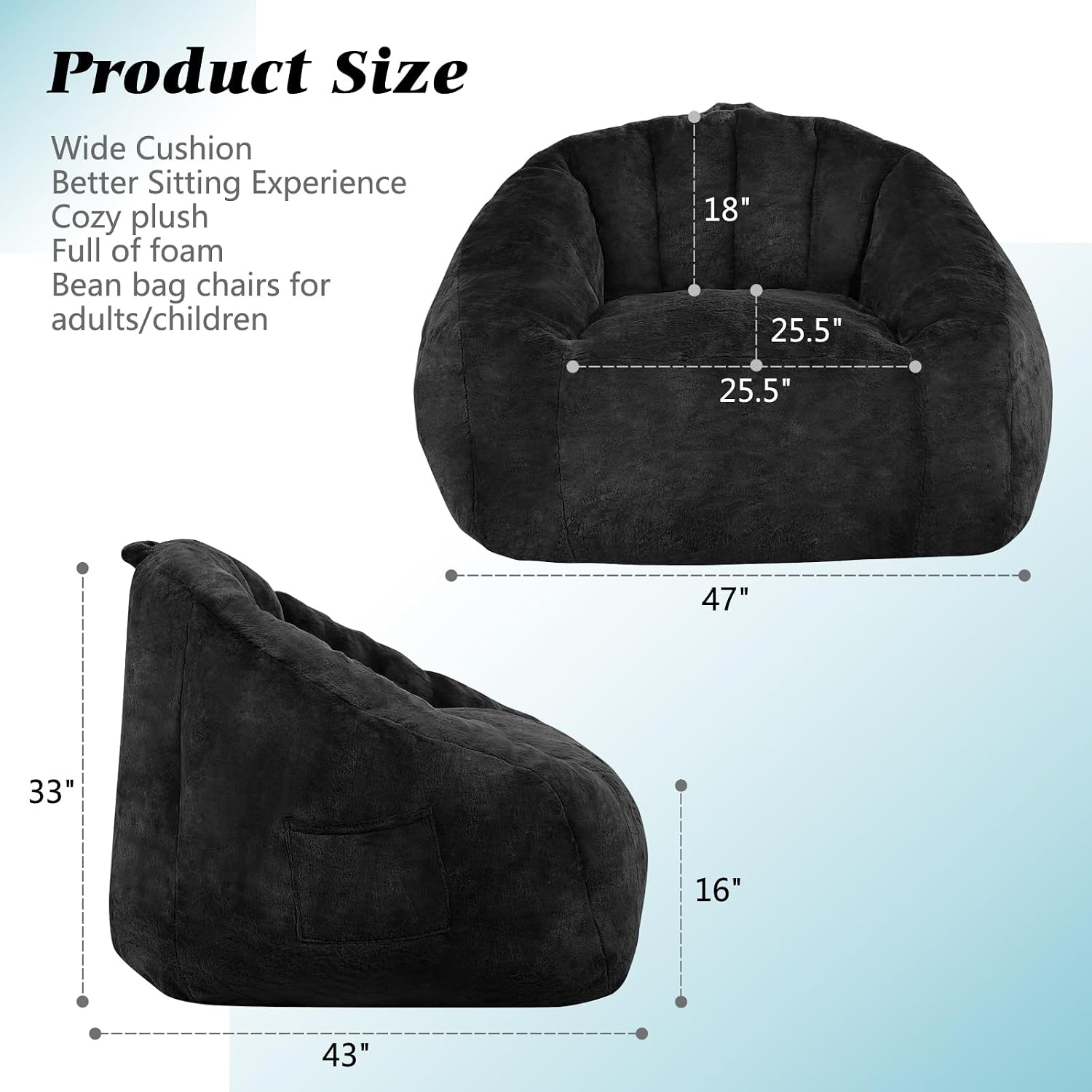 Giant Bean Bag Chair for Adults and Kids, Oversized BeanBag Couch Filler with Memory Foam, Faux Fur Shell-Shaped Boneless Chair for Reading, Stuffed Big Accent Sofa Living Room, Black