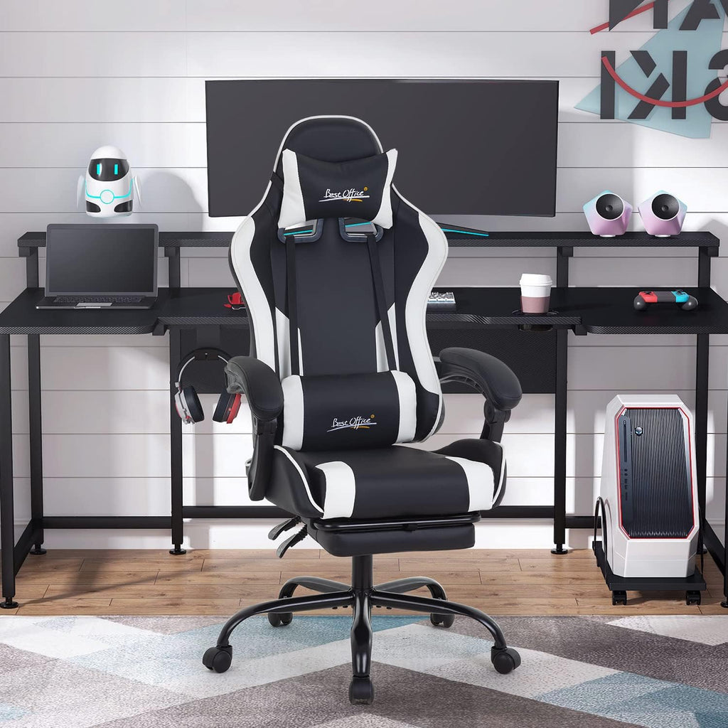 Gaming Chair Office Chair Desk Chair with Footrest Lumbar Support Headrest Armrest Task Rolling Swivel Ergonomic E-Sports Adjustable PC Gamer Chair (White)