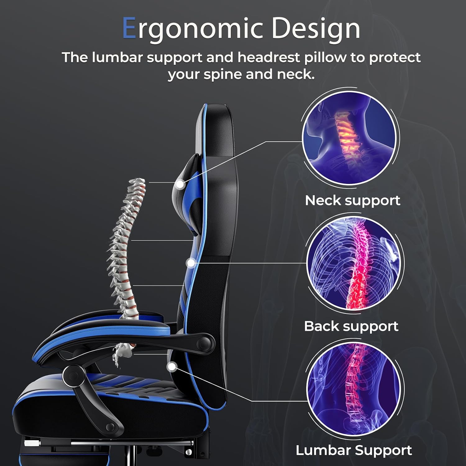 POWERSTONE Gaming Chair Video Game Chair with Footrest and Lumbar Support Racing Style PU Leather Computer Chair Ergonomic Adjustable Swivel Task Chair Blue