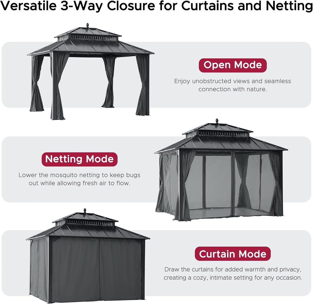 SUNJOY Kingston 12' x 10' Hardtop Gazebo with Galvanized Steel Double Roof, Curtain and Netting, Gray Aluminum Posts Permanent Pavilion Gazebo for Garden, Patio, Deck, Lawn