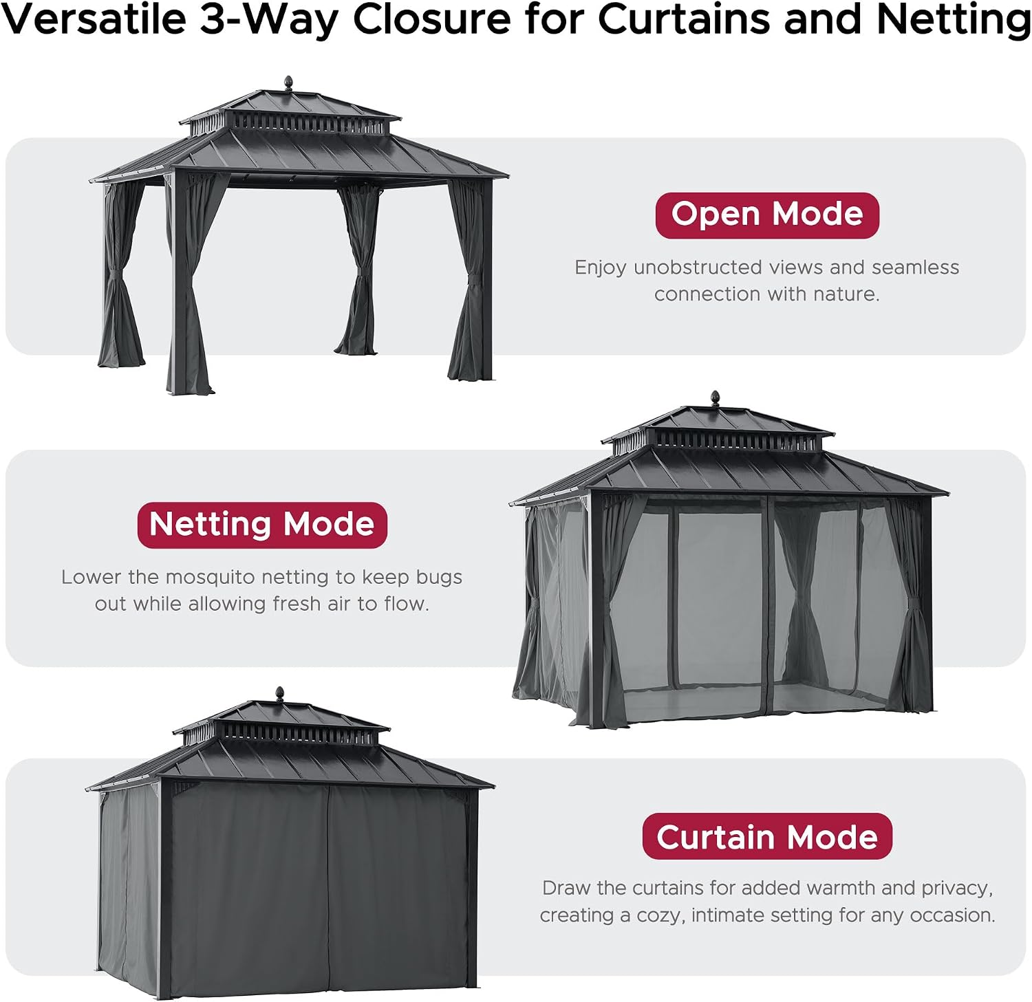 SUNJOY Kingston 12' x 10' Hardtop Gazebo with Galvanized Steel Double Roof, Curtain and Netting, Gray Aluminum Posts Permanent Pavilion Gazebo for Garden, Patio, Deck, Lawn