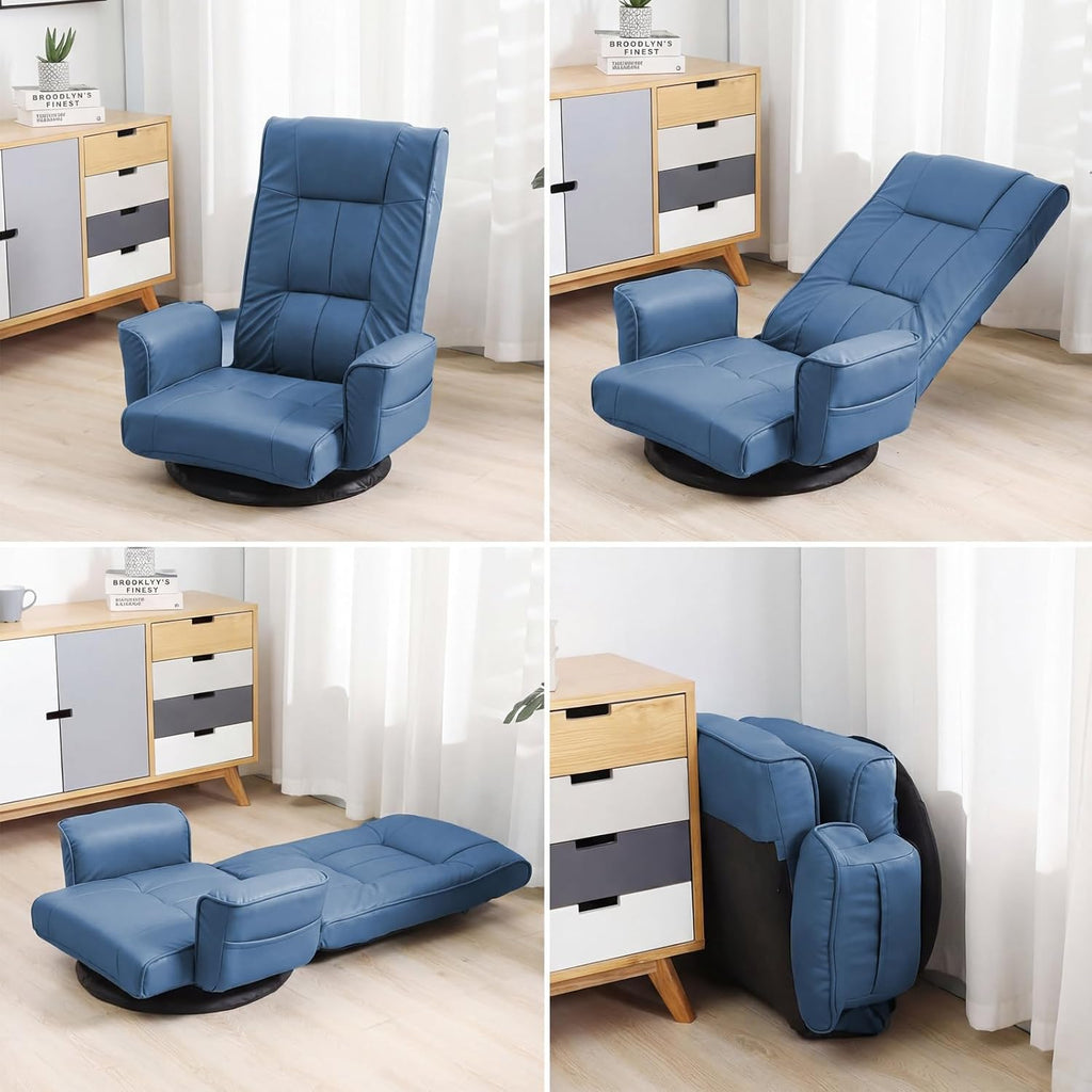360° Swivel Floor Chair with Armrests, 14-Position Adjustable Floor Lounger for Adults, Folding Padded Floor Seat with Backrest for Gaming, Reading & Living Room (Blue)