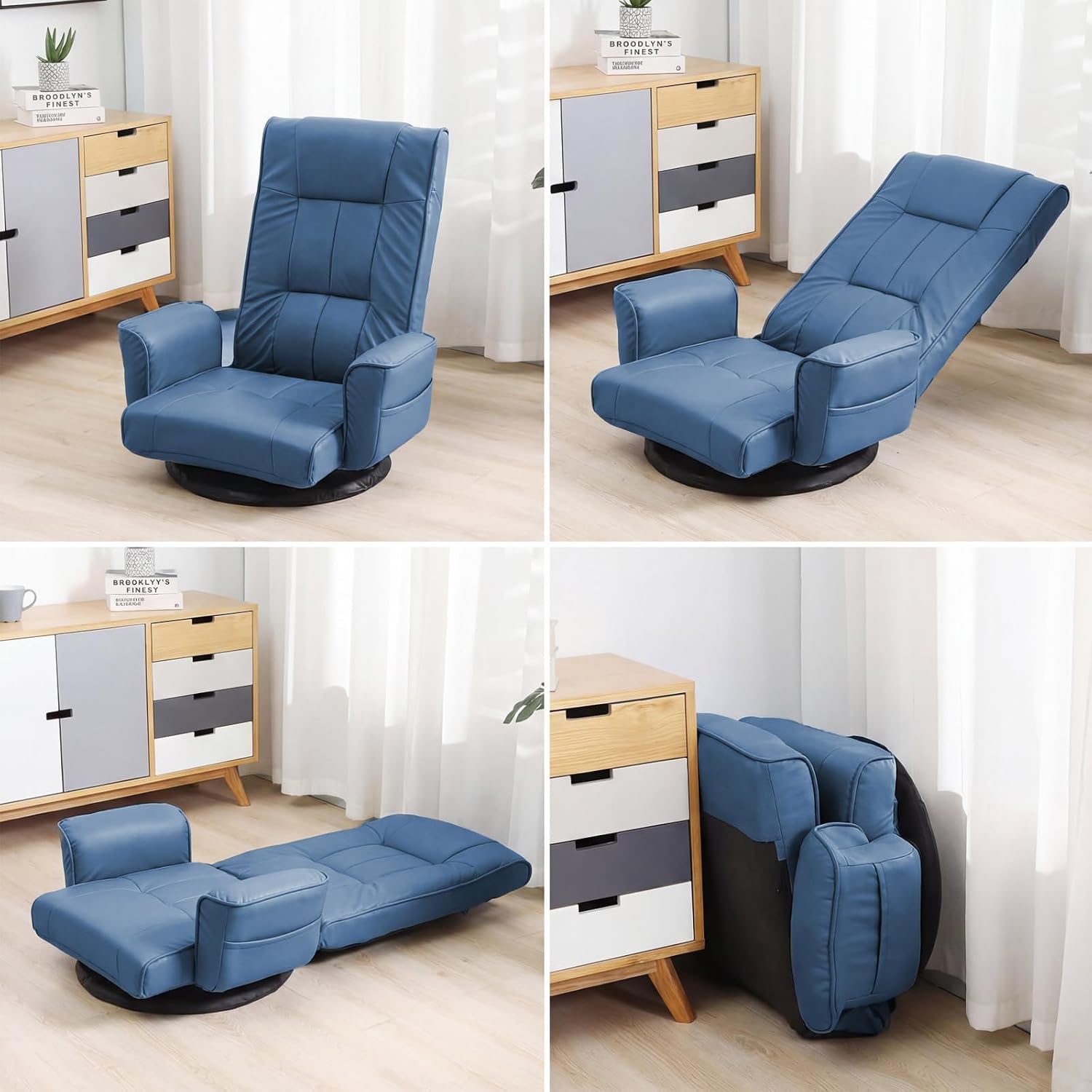 360° Swivel Floor Chair with Armrests, 14-Position Adjustable Floor Lounger for Adults, Folding Padded Floor Seat with Backrest for Gaming, Reading & Living Room (Blue)