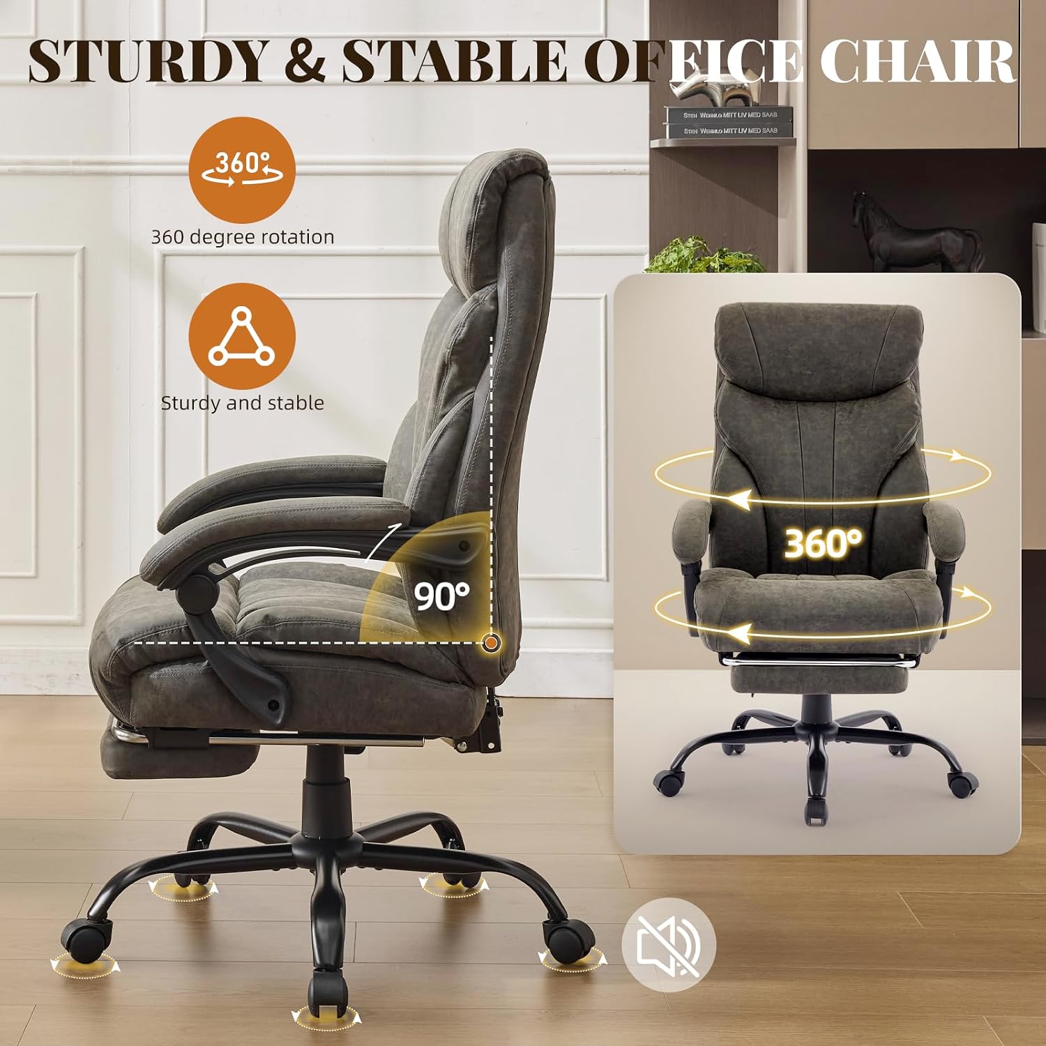 Big and Tall Office Chairs with Foot Rest,500LBS Wide Ergonomic Gaming Chair,100-135°Recline Executive Leather Computer Chairs with Adjustable Height,Gray