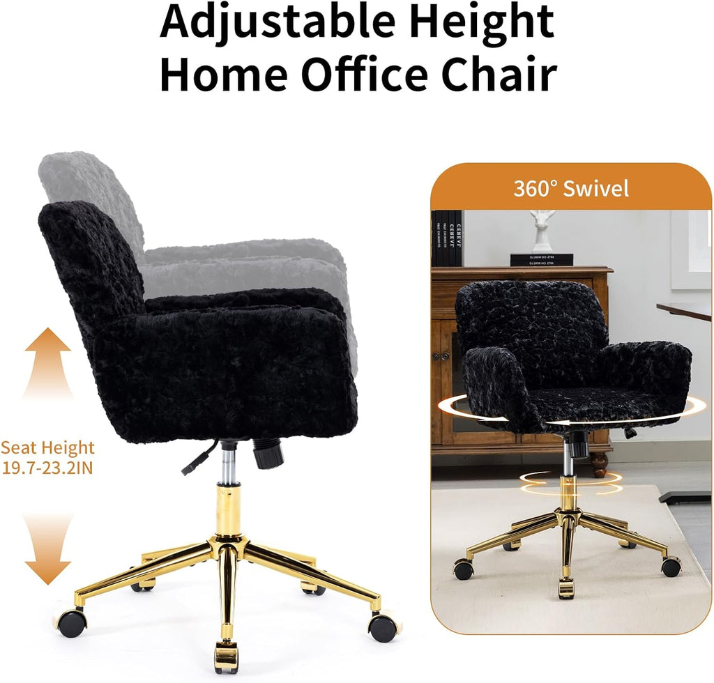 Shenyon Black Office Chair Faux Fur Vanity Chair, Comfortable Home Office Desk Chairs with Wheels and Arms, Swivel Wide Office Chair Makeup Chair Height Adjustable for Office, Study, Bedroom, Black