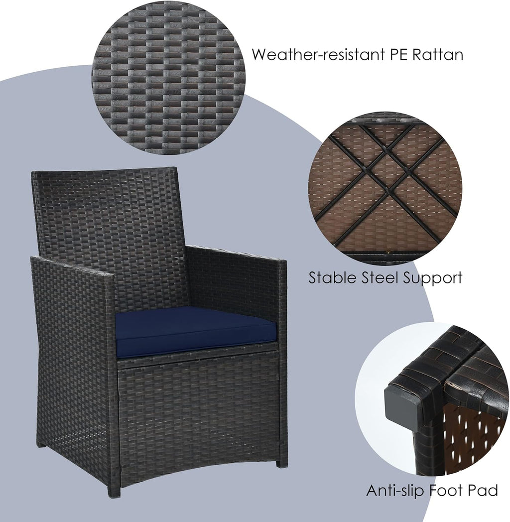 DORTALA Wicker Patio Bistro Set 3 Piece, Outdoor Table and Chairs with Tempered Glass Tabletop, Cushions, Small Rattan Furniture Conversation Sofa Set for Balcony, Porch, Backyard, Deck, Navy