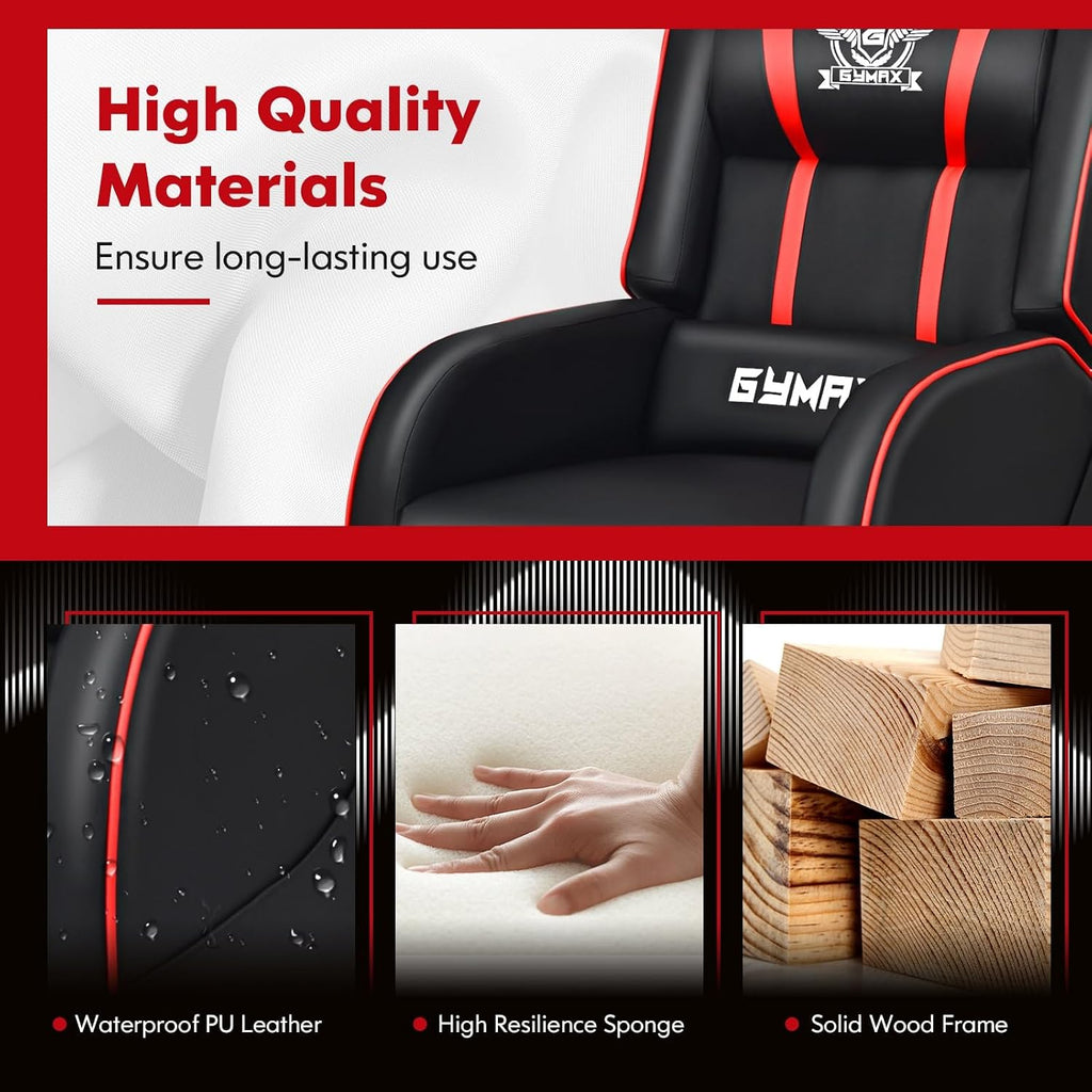 GYMAX Gaming Recliner, Massage Gaming Chair with Adjustable Footrest, Remote Control & Side Pocket, Ergonomic Game Lounge Chair, Racing Style Single Theater Seat Game Sofa for Adults (Red)