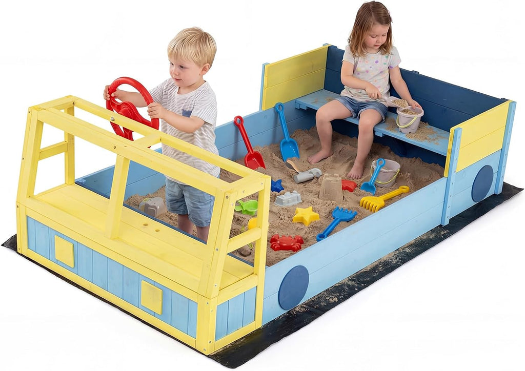 Costzon Sandbox, Fir Wood Car-Theme Sand Pit with Bottom Liner, Rotatable Rudder & Bench Seat for Kids Aged 18+ Months, Outdoor Playset for Backyard, Beach and Patio (Blue, Yellow)