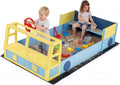 Costzon Sandbox, Fir Wood Car-Theme Sand Pit with Bottom Liner, Rotatable Rudder & Bench Seat for Kids Aged 18+ Months, Outdoor Playset for Backyard, Beach and Patio (Blue, Yellow)