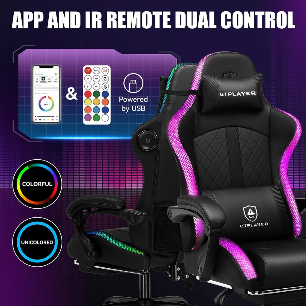 GTPLAYER RGB Gaming Chair with Speakers - LED Computer Game Chair for Adults, PC Home Office Chairs with Footrest & Lights, Reclining Desk Chairs, Black