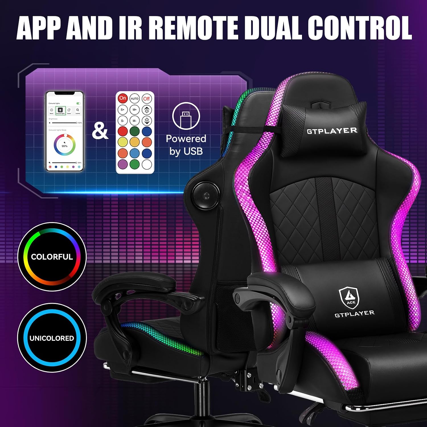 GTPLAYER RGB Gaming Chair with Speakers - LED Computer Game Chair for Adults, PC Home Office Chairs with Footrest & Lights, Reclining Desk Chairs, Black