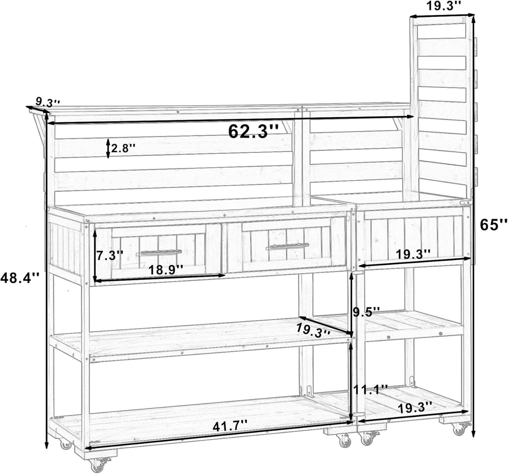 62.3'' Patio Kitchen Island, Solid Wood Kitchen Cart with Stainless Table Top, Garden Potting Bench with Raised Shelf and Drawers, Grill Prep Table for BBQ, Party (Brown-62.3'')