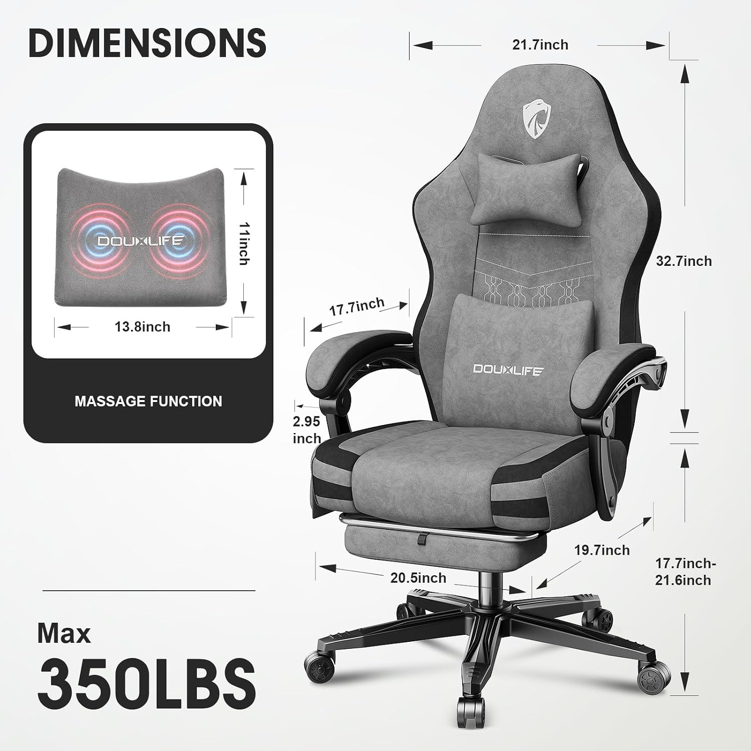 Gaming Chair, Fabric Computer Office Chair with Massage, Ergonomic Chair with Footrest Lumbar Support, Pocket Spring Widened Cushion Metal Legs 350LBS Light Gray