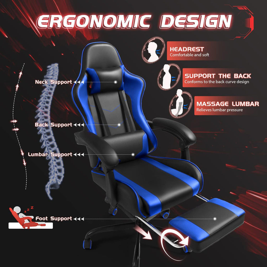Shahoo Gaming Chair with Footrest and Massage Lumbar Support, Video Game Chairs Height Adjustable Seat with Headrest for Office or Bedroom, Study Room, Dark Blue