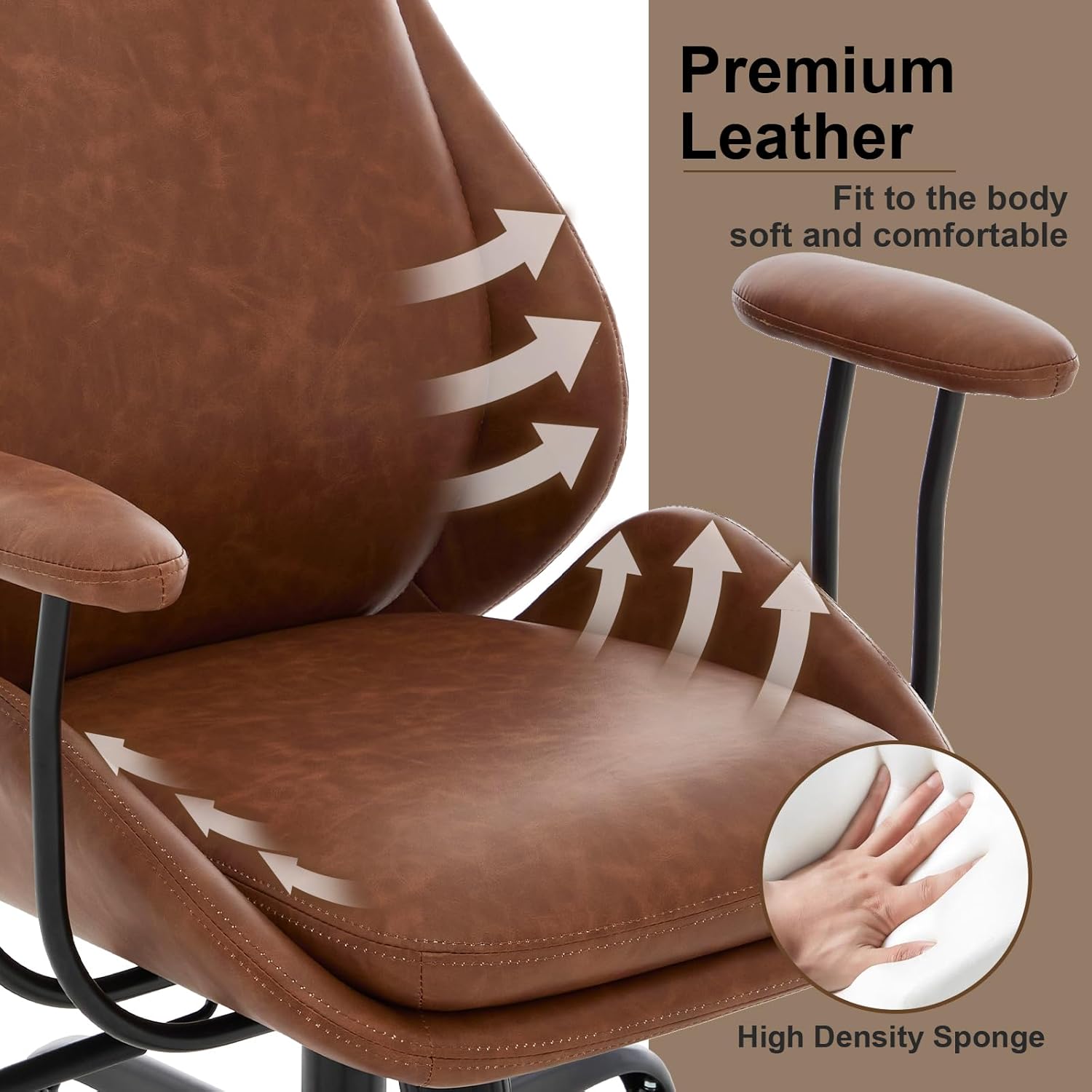 E-Motie Office Chair, Leather Desk Chair with Rubber Wheels, Ergonomic Computer Chair 500 LBS with Lumbar Support, High Back Executive Chair for Modern Home Office, Brown