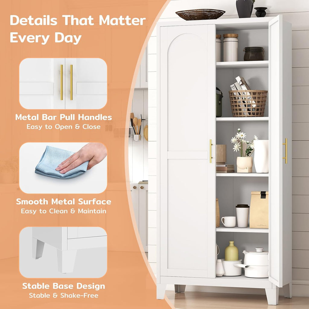 Zevemomo 71' Metal Pantry Cabinet with 4 Adjustable Shelves and 2 Doors, Freestanding Kitchen Storage Cabinet, Tall Steel Cupboard for Kitchen, Pantry, Dining Room, Living Room, Office, White