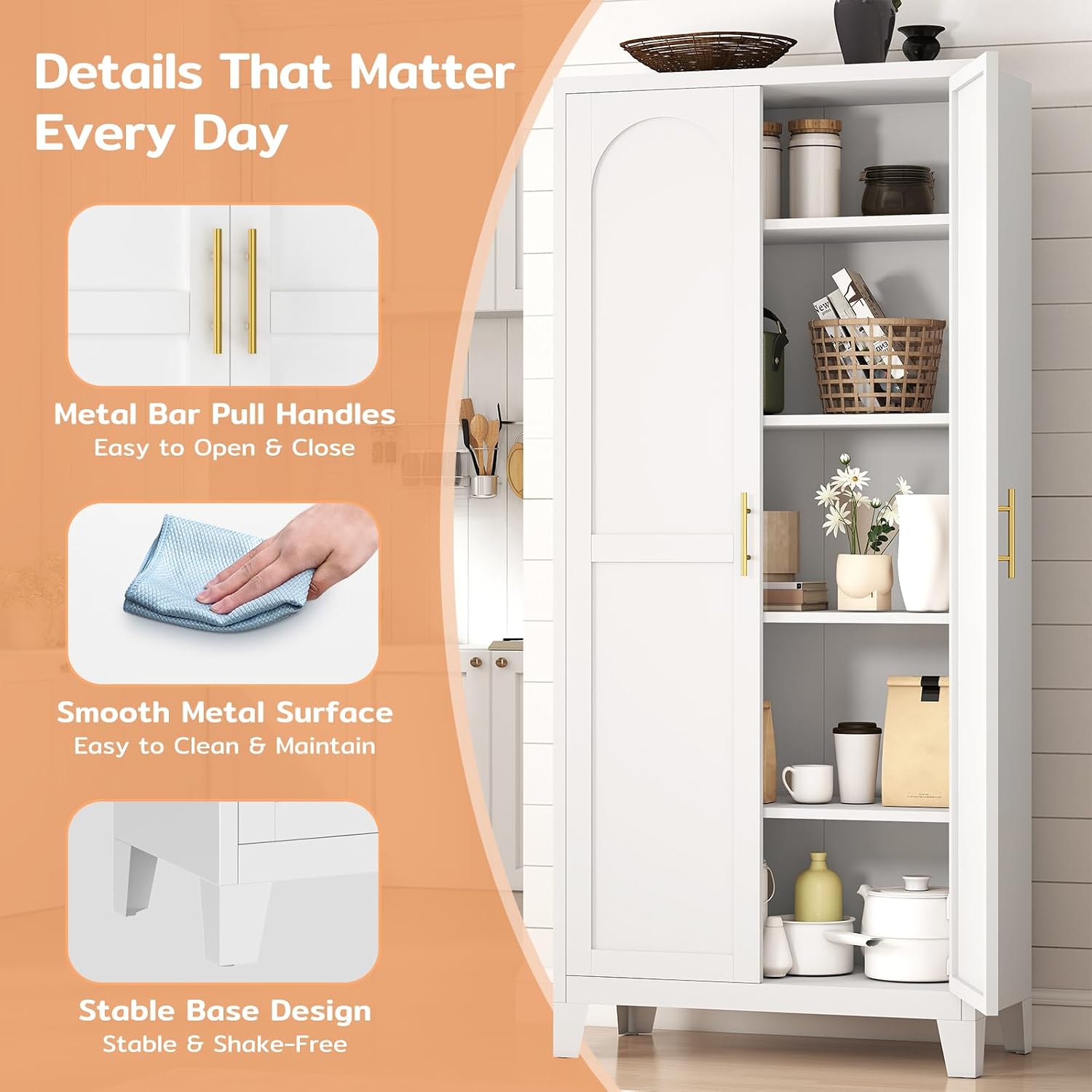 Zevemomo 71' Metal Pantry Cabinet with 4 Adjustable Shelves and 2 Doors, Freestanding Kitchen Storage Cabinet, Tall Steel Cupboard for Kitchen, Pantry, Dining Room, Living Room, Office, White