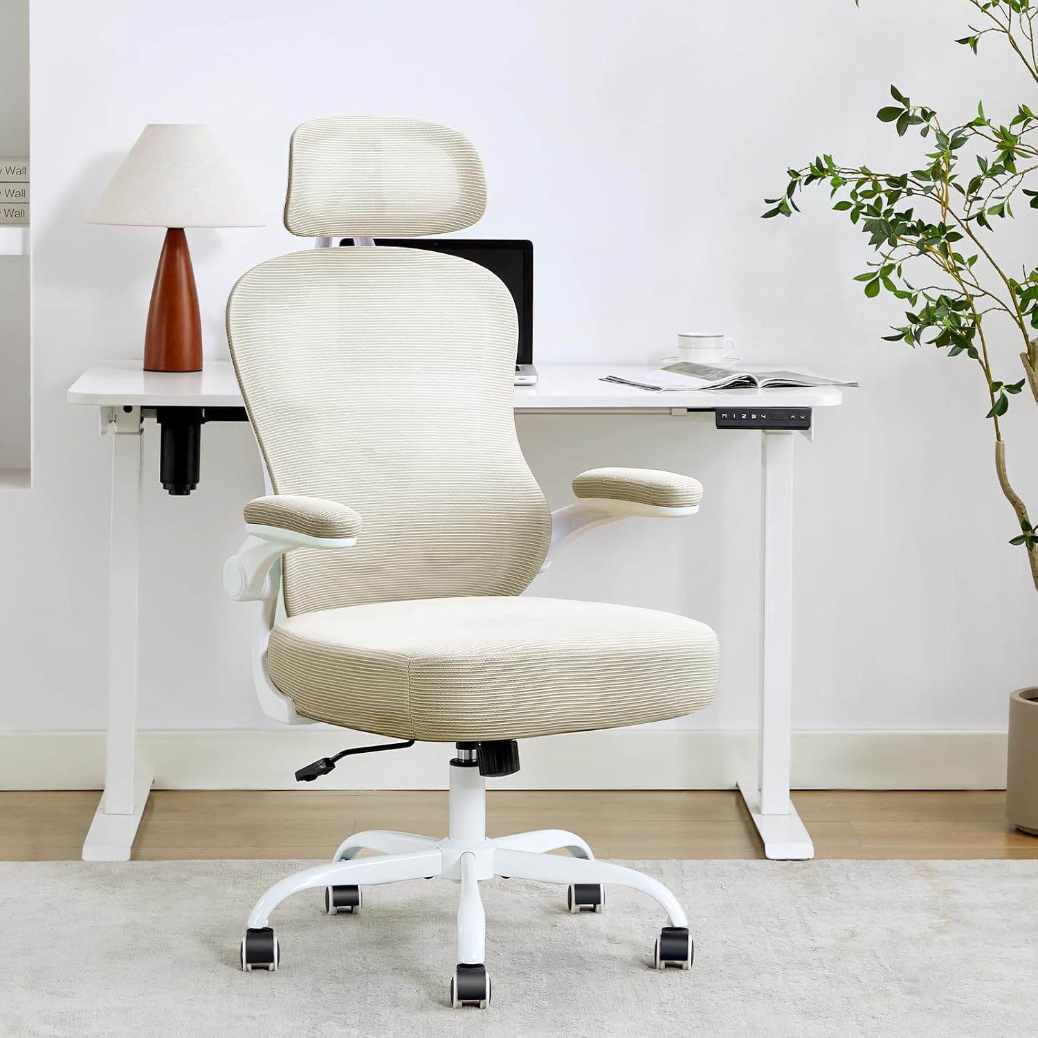 Ergonomic Office Chair,Ultra Thick Office Desk Chair with Adjustable Lumbar Support and Headrest,Spring Cushion,Rocking Function,Flip-up arms,Mesh Computer Chair for Home Office,Khaki