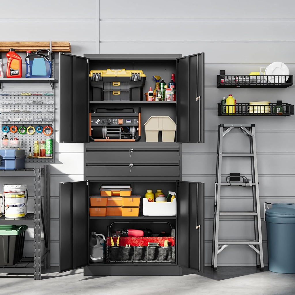 Letaya Metal Garage Storage Cabinet,71' Heavy Duty Steel Tool Cabinet with 4 Door Lock-Adjustable Shelves and 2 Drawer for Garage Home Office Utility Room (Black)