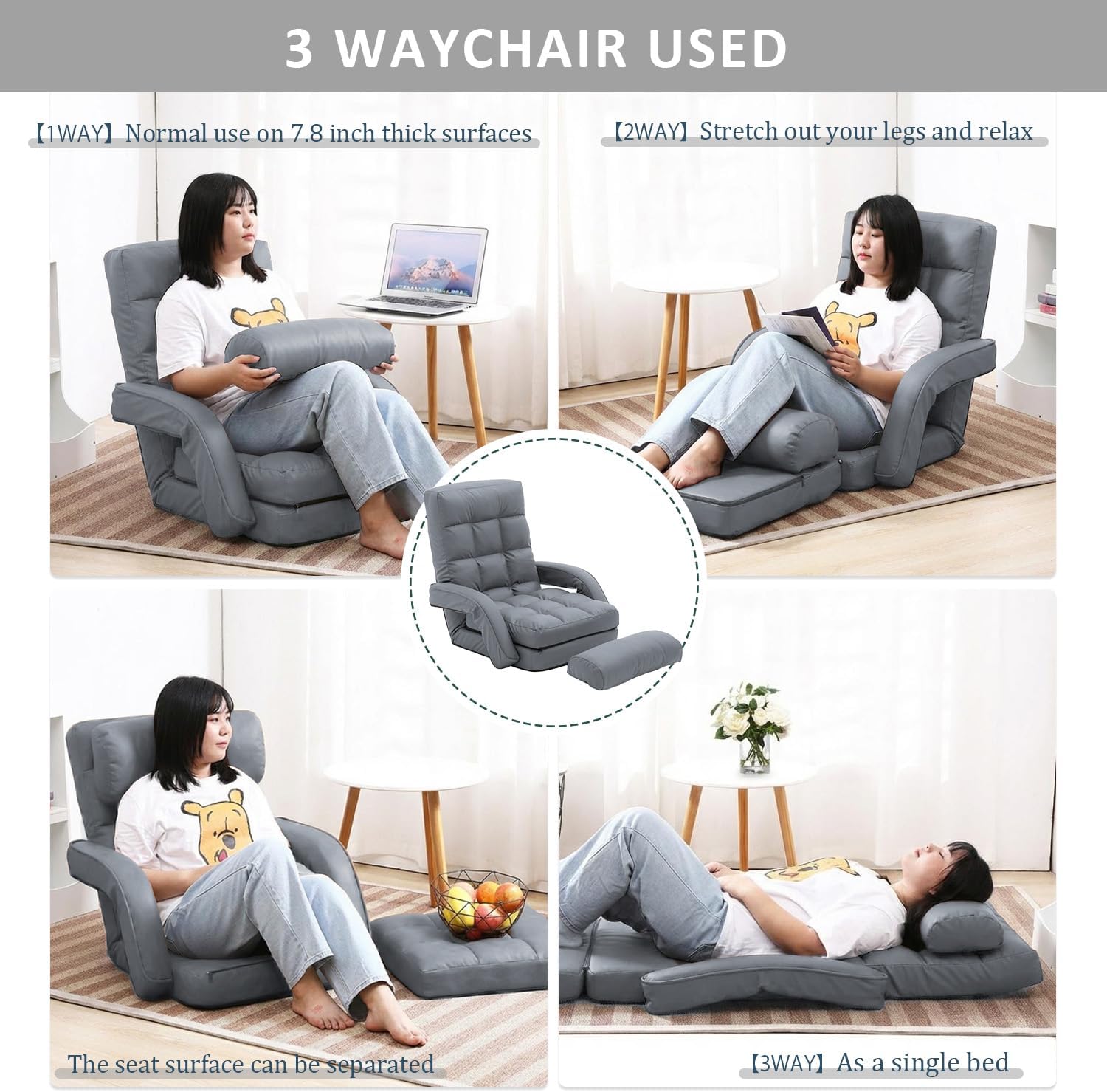 Floor Chair, Floor Gaming Chair with 14 Adjustable Position&Back Support, Folding Lounge Chair with Armrest for Adults, Lazy Sofa Lounger with Comfy Cushion for Living Room,Bedroom,PU,Grey